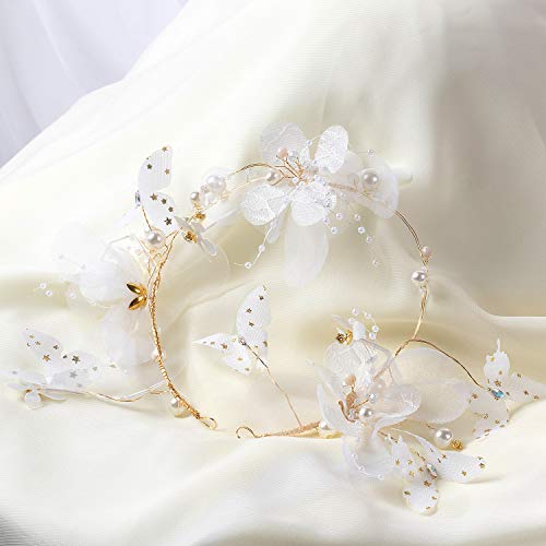 Jolintek Diademas de Novia para Diadema de Flores Corona Mariposa Tul Flores Guirnaldas Corona Novia Tiara Mariposa Punto Dorado Tul Perla Flores Pelo Banda Pelo Guirnalda Flores Tocado Boda