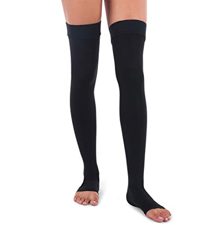 Jomi Compression, Unisex, colección de medias altas para muslo, 30-40 mmHg Premiere Peso quirúrgico Open Toe – Petite 365 (mediano, negro)