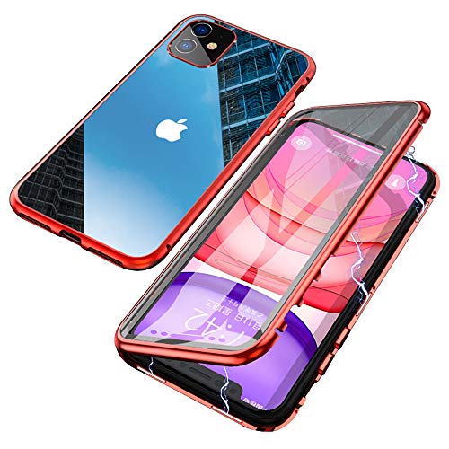Jonwelsy Funda para iPhone 11 (6,1 Pulgada), Adsorción Magnética Parachoques de Metal con 360 Grados Protección Case Cover Transparente Ambos Lados Vidrio Templado Cubierta para iPhone 11 (Rojo)
