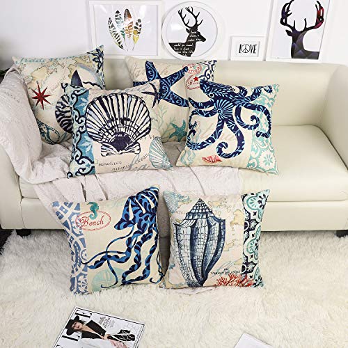 JOTOM Funda de Almohada,de Lino de algodón Suave sofá Funda de cojín del Coche decoración de la Cama en casa 45 x 45 cm, Juego de 6 (Animales Marinos)