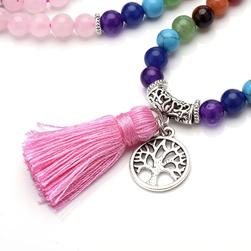 Jovivi joyas piedras Natural collar pulsera retro tibetano Buda india Ágata Mala Recuperación Energía Terapia rezando Yoga 7 Chakra pulsera elástica – Árbol de la vida Quarzo Rosa