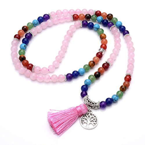 Jovivi joyas piedras Natural collar pulsera retro tibetano Buda india Ágata Mala Recuperación Energía Terapia rezando Yoga 7 Chakra pulsera elástica – Árbol de la vida Quarzo Rosa