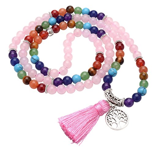 Jovivi joyas piedras Natural collar pulsera retro tibetano Buda india Ágata Mala Recuperación Energía Terapia rezando Yoga 7 Chakra pulsera elástica – Árbol de la vida Quarzo Rosa