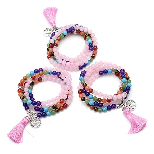 Jovivi joyas piedras Natural collar pulsera retro tibetano Buda india Ágata Mala Recuperación Energía Terapia rezando Yoga 7 Chakra pulsera elástica – Árbol de la vida Quarzo Rosa