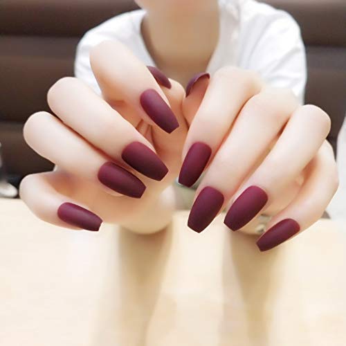 Jovono 24 uñas postizas de colores sólidos, color rojo, cobertura completa, uñas postizas naturales y largas, uñas artificiales para mujeres y niñas (mate, sin pegamento)