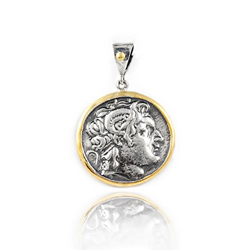 Joyasantiguas - Colgante de Plata Moneda Dorado/oxido Alejandro Magno marco brillo y Cadena 50 cm