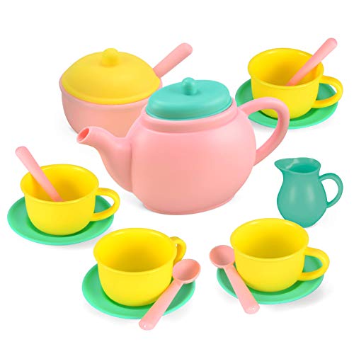 JOYIN 18 Pcs Juego de té y Platos de Juguete para Merienda Playact Juguetes de Cocina con tetera y tazas para Niños Niñas (Colores al azar)