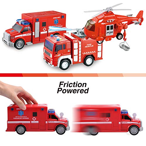 JOYIN 3 en 1 Vehículo de Rescate de Bombero, helicóptero, Ambulancia y camión de Bomberos, con luz y Sonido