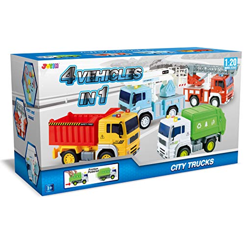 JOYIN 4 Pack de Vehículos Urbanos de Fricción, Camión de Basura, Camión de Bomberos, camión Elevador de Pluma y camión volquete de construcción con Luces y Sonidos