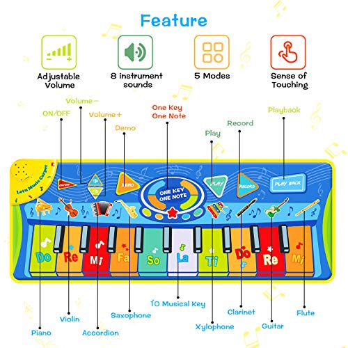 joylink Alfombra de Piano, Alfombra Musical Teclado Alfombra Musical para Niños Alfombra Musical de Teclado 10 Teclas y 8 Instrumentos de Animales para Bebé Niño Niña (130*48cm)