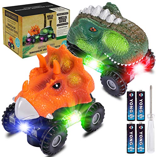 joylink Dinosaurio Coche, 2 Pcs Juguetes de Dinosaurios Coche con Luces LED y Sonido Realista Dinosaurio Juguete Coche Regalos de Cumpleaños para Niños Juguetes para Niñas de 3-8 Años