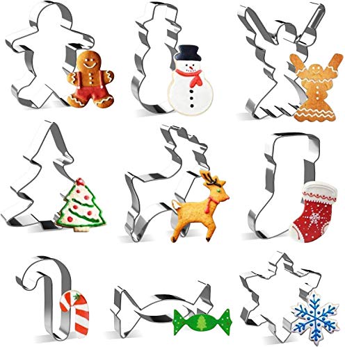 joyoldelf Cortadores de Galletas de Navidad, 9PCS Moldes de Galletas, Forma de Reno, Muñeco de Nieve, Árbol de Navidad, Copo de Nieve, Hombre de Jengibre, Dulces, Muleta, Ángel, Calcetín