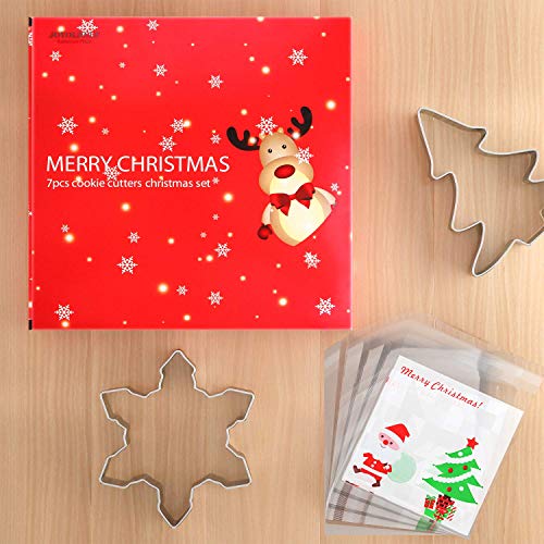 joyoldelf Moldes de Galletas, 7PCS Cortadores de Galletas Pan de Jengibre, Árbol de Navidad, Copo de Nieve, Reno, Muñeco de Nieve, Papá Noel, Campana para Niños, 100pcs Bolsa de Dulces