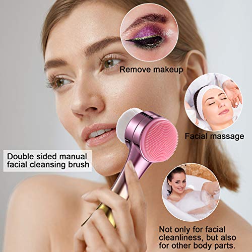 Juego de 2 Cepillos de Limpieza Facial Manual de Doble Cara y 2 Cepillos de Silicona de Fregar Labios para Limpieza Exfoliante, Lavado de Maquillaje, Masaje y Eliminación de Piel Muerta de Labio