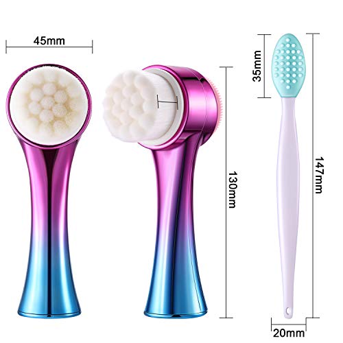 Juego de 2 Cepillos de Limpieza Facial Manual de Doble Cara y 2 Cepillos de Silicona de Fregar Labios para Limpieza Exfoliante, Lavado de Maquillaje, Masaje y Eliminación de Piel Muerta de Labio