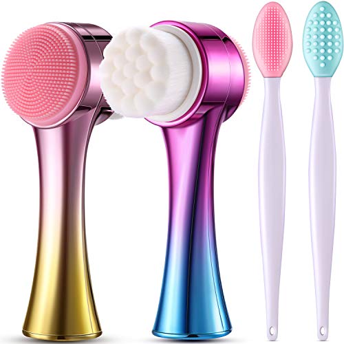 Juego de 2 Cepillos de Limpieza Facial Manual de Doble Cara y 2 Cepillos de Silicona de Fregar Labios para Limpieza Exfoliante, Lavado de Maquillaje, Masaje y Eliminación de Piel Muerta de Labio