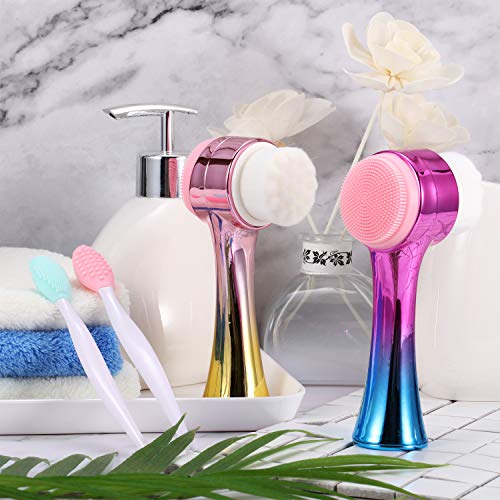 Juego de 2 Cepillos de Limpieza Facial Manual de Doble Cara y 2 Cepillos de Silicona de Fregar Labios para Limpieza Exfoliante, Lavado de Maquillaje, Masaje y Eliminación de Piel Muerta de Labio