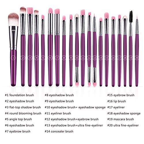 Juego de 20 brochas de maquillaje, base en polvo, sombra de ojos, delineador de ojos, brochas cosméticas para labios, kit de aseo (morado y plata) ideal para uso profesional y diario