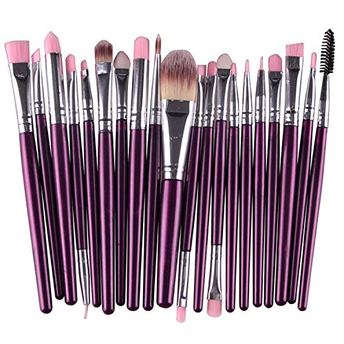 Juego de 20 brochas de maquillaje, base en polvo, sombra de ojos, delineador de ojos, brochas cosméticas para labios, kit de aseo (morado y plata) ideal para uso profesional y diario