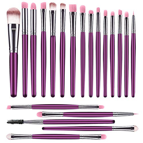 Juego de 20 brochas de maquillaje, base en polvo, sombra de ojos, delineador de ojos, brochas cosméticas para labios, kit de aseo (morado y plata) ideal para uso profesional y diario