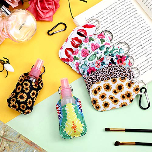 Juego de 24 Fundas de Llavero de Botella de Viaje, Incluye 8 Botellas de Spray de Viaje Contenedores Botella Vacía Transparente, 8 Fundas de Llaveros de Barra de Labios y 8 Ganchos de Resorte