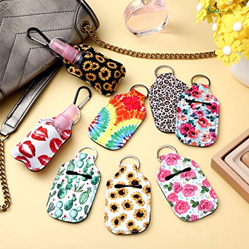 Juego de 24 Fundas de Llavero de Botella de Viaje, Incluye 8 Botellas de Spray de Viaje Contenedores Botella Vacía Transparente, 8 Fundas de Llaveros de Barra de Labios y 8 Ganchos de Resorte