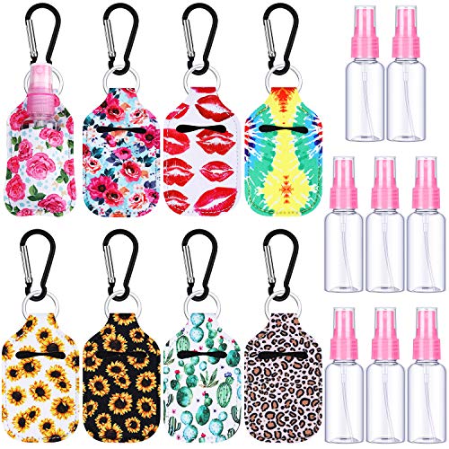 Juego de 24 Fundas de Llavero de Botella de Viaje, Incluye 8 Botellas de Spray de Viaje Contenedores Botella Vacía Transparente, 8 Fundas de Llaveros de Barra de Labios y 8 Ganchos de Resorte
