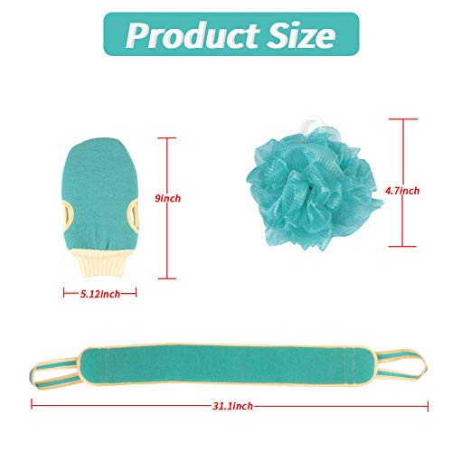 Juego de 3 cepillos exfoliantes para baño, guantes de ducha, kit de cepillo para el cuerpo de baño con guantes para eliminar la espalda y esponja de baño para hombres, mujeres, baño y spa (cian-azul)