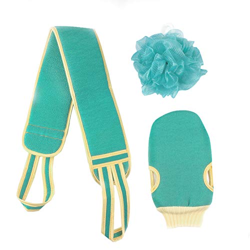 Juego de 3 cepillos exfoliantes para baño, guantes de ducha, kit de cepillo para el cuerpo de baño con guantes para eliminar la espalda y esponja de baño para hombres, mujeres, baño y spa (cian-azul)