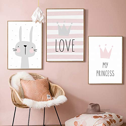 Juego de 3 Cuadros Infantiles Niña Pósteres Láminas Conejo My PRINCESS LOVE Impresiones sobre Lienzo Decoración Habitación Bebé pared Regalo Sin Marco NPTWC004-M