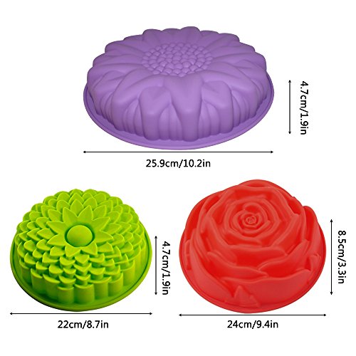 Juego de 3 moldes de silicona para tartas, diseño de flores, redondos, grandes, antiadherentes, para fiestas de cumpleaños, color amarillo, rojo y morado, SENHAI