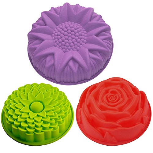 Juego de 3 moldes de silicona para tartas, diseño de flores, redondos, grandes, antiadherentes, para fiestas de cumpleaños, color amarillo, rojo y morado, SENHAI