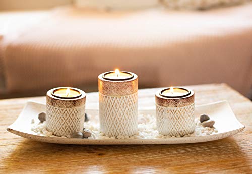 Juego de 3 portavelas de madera de Benera en cuenco con piedras decorativas como idea de regalo, decoración de mesa con diseño de azteca