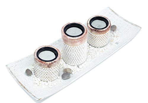 Juego de 3 portavelas de madera de Benera en cuenco con piedras decorativas como idea de regalo, decoración de mesa con diseño de azteca