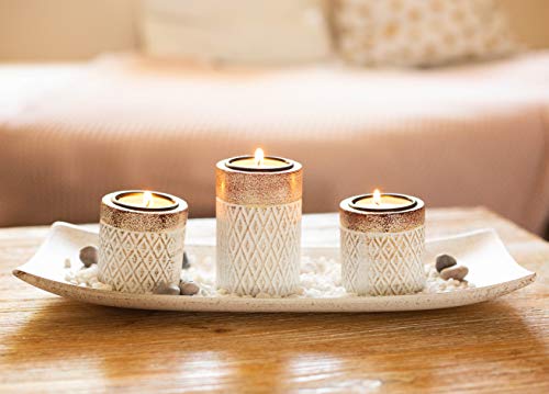 Juego de 3 portavelas de madera de Benera en cuenco con piedras decorativas como idea de regalo, decoración de mesa con diseño de azteca