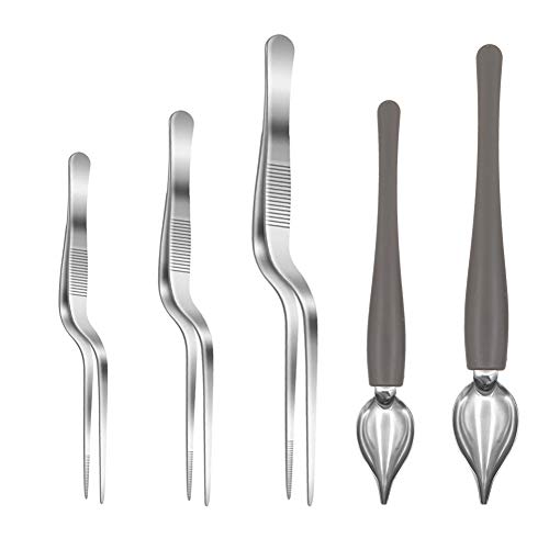 Juego de 5 cucharas de cocina de acero inoxidable con boquilla cónica y pinzas de precisión, pinzas para platos de cocina, decoración de postres, decoración de pasteles