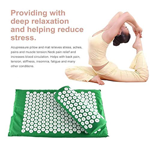 Juego de almohadas para esterillas de acupresión, cojín de masajeador de acupuntura Funda de uñas TPE Plus Algodón Bienestar para aliviar el estrés Relajar los músculos Almacenamiento plegable,Verde