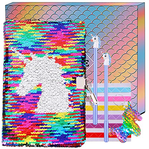 Juego de bolígrafos de gel con diseño de unicornio para cuaderno - Diario secreto con cerradura y lentejuelas reversibles, para escribir libros, festivales, regalo de cumpleaños para niña