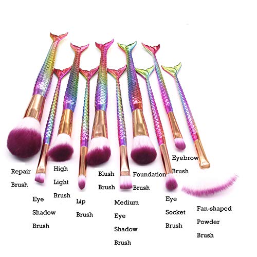 Juego de brochas de maquillaje, 10 unidades, diseño de sirena, base Kabuki, polvos, crema, delineador de ojos, sombra de ojos, colorete, corrector, color arcoíris