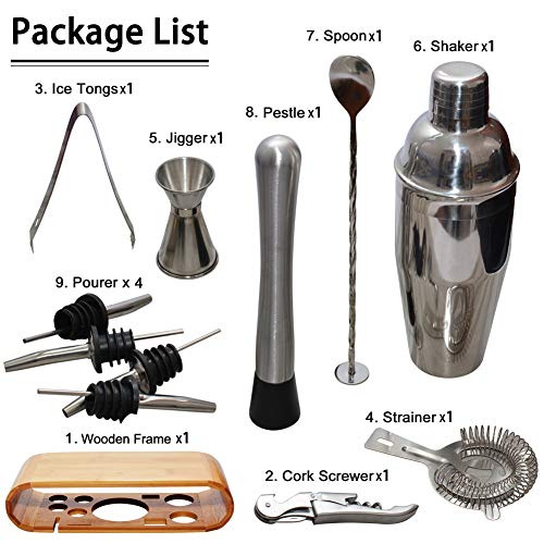Juego de coctelera Coctelera de 750 ml Juego de herramientas de barra de acero inoxidable Juego de Bartender con soporte de exhibición de madera por AYAOQIANG