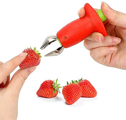 Juego de cortadores de cortador y rebanador de fresas Pitters de cereza Cuchillo portátil Gadget Fruta Vegetal Extractor de tallos de hojas Tallos de tomate Herramientas de frutas (2Pack+Slicer)