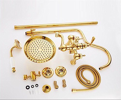 Juego de ducha de oro Cristal de latón expuesto bañera Grifería de la ducha Doble manija de lluvia cabezal de ducha redondo baño de pared de montaje , 2