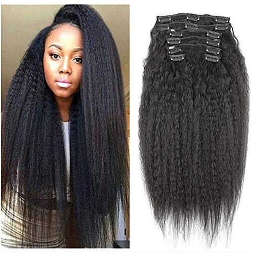 Juego de extensiones de pelo humano, de estilo afro, recto, rizado, con clip, Remy, cabello Malasio, color natural, cabeza completa, con clips, grueso, 120 g, para mujeres de color, 8 unidades