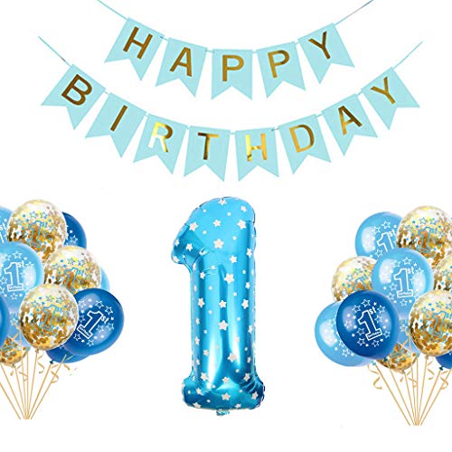 Juego de Globos para Fiesta de Primer cumpleaños para niños Feliz cumpleaños Suministros para niño bebé para niño o niña Cumpleaños Deco Niños Niños 1 año (Azul)