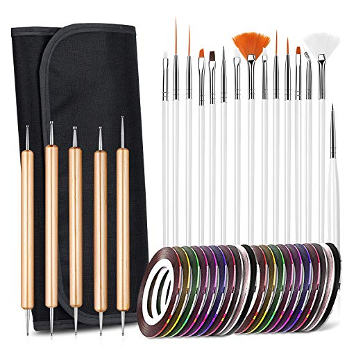 Juego de pinceles para decoración de uñas, diseño de uñas, pinceles de detalles, juego de herramientas de punteado, 15 pinceles + 5 bolígrafos de punteado + 20 rollos de cinta para uñas