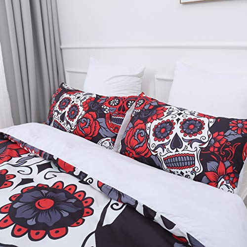Juego de ropa de cama Sugar Skull Rojo Girasol y edredón de calavera Funda nórdica para Halloween Esqueleto gótico Skullon Decoración Juego de cama con 1 fundas de almohada Tamaño doble 220X240cm