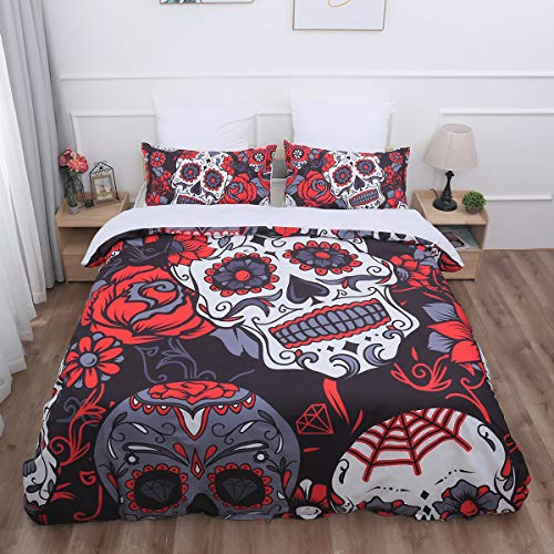 Juego de ropa de cama Sugar Skull Rojo Girasol y edredón de calavera Funda nórdica para Halloween Esqueleto gótico Skullon Decoración Juego de cama con 1 fundas de almohada Tamaño doble 220X240cm