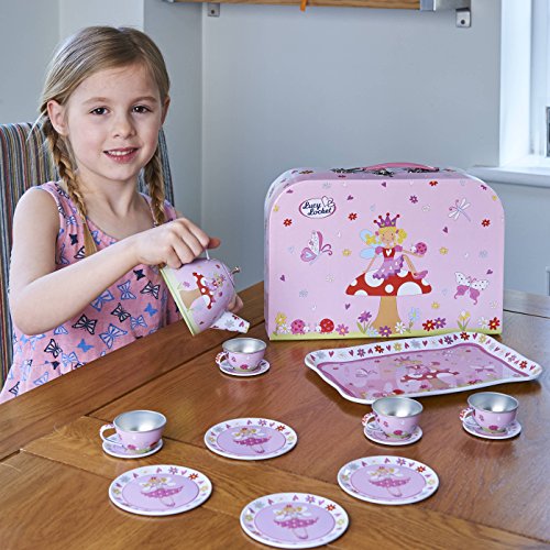 Juego de té de juguete de estaño y maletín con motivos de hadas de Lucy Locket - Vajilla infantil de 14 piezas de color rosa