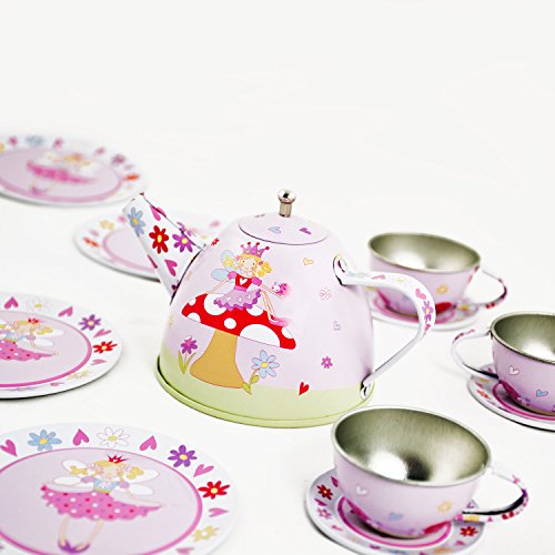 Juego de té de juguete de estaño y maletín con motivos de hadas de Lucy Locket - Vajilla infantil de 14 piezas de color rosa