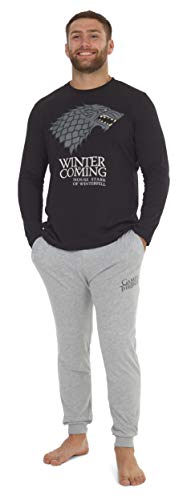 Juego de Tronos Pijama Hombre Mujer Se Acerca el Invierno, Pijamas Dos Piezas de algodón de Manga Larga Invierno, Emblemas de diseño Casas de Juego de Tronos, Regalos para Mujeres Hombres (S, Negro)